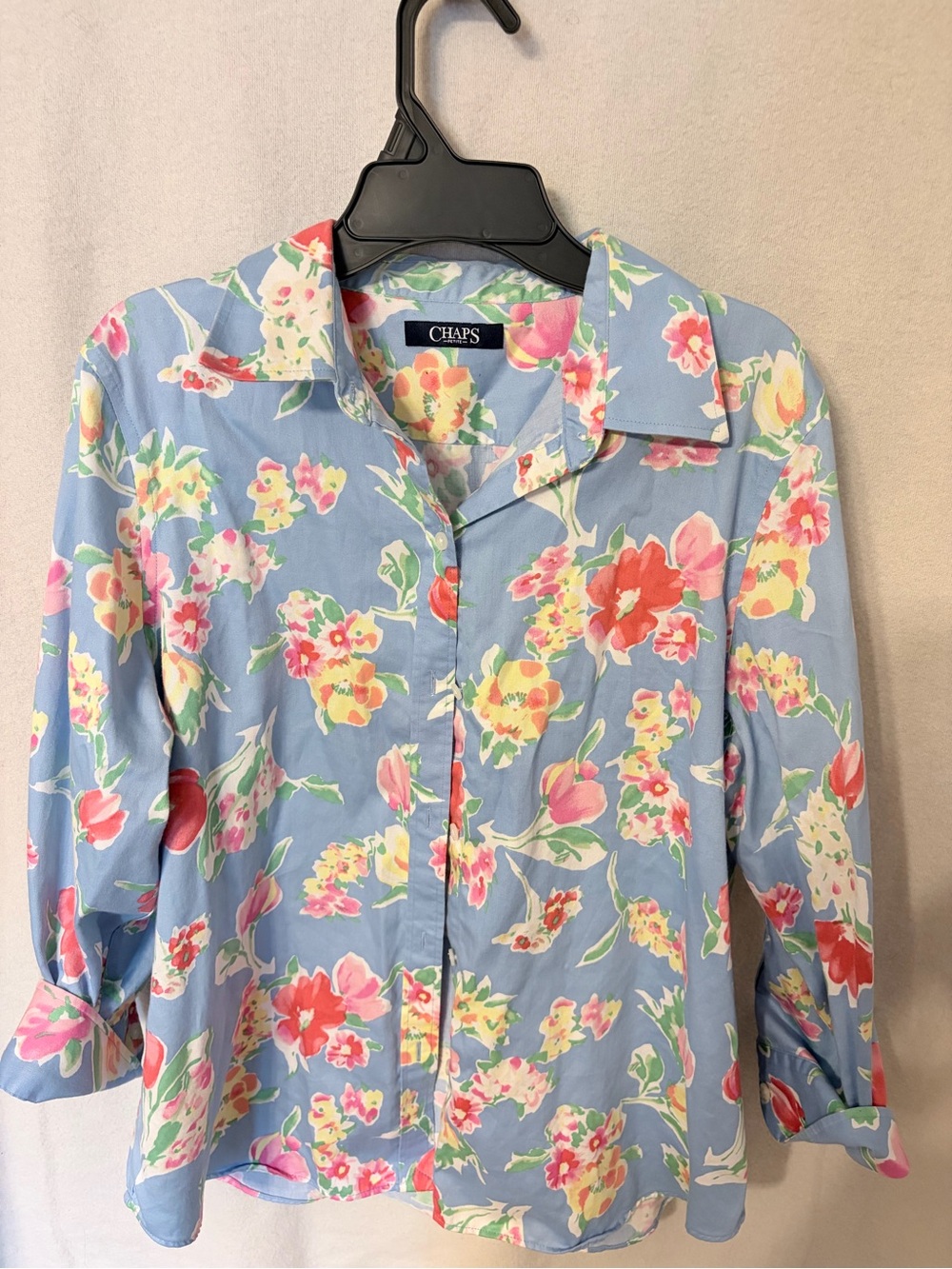 Chaps Petite Floral Button-Up Shirt in Light Blue and Pastel Floral